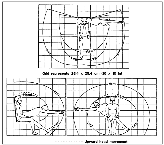 Sketch of Seated 95th Percentile Male Strike reach envelope Wearing Lap Belt Restraint only (shown from top, front, and side)