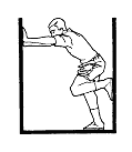 Side sketch of man pushing against wall with foot wedged against another wall